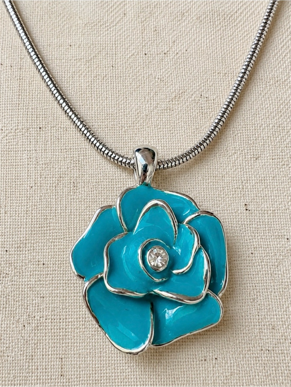 Authentic Swarovski Blue Enamel Rose Pendant Necklace Silver Tone Crystal Center